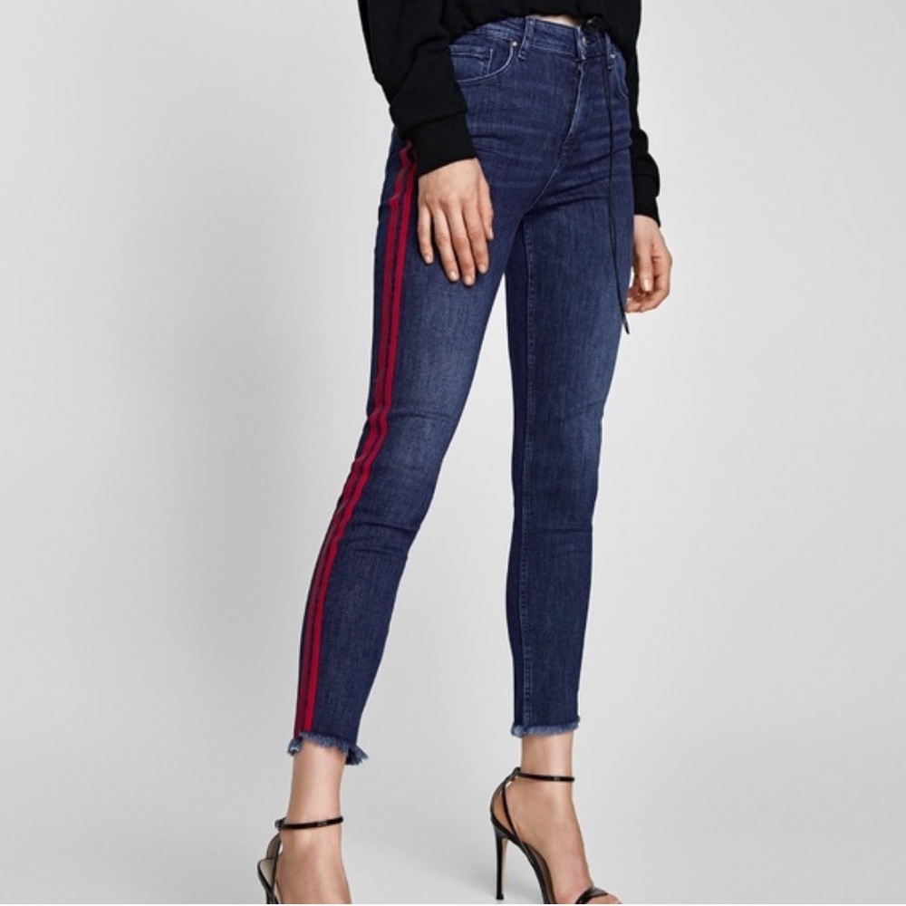 Zara Basic Red Stripe High Rise Skinny Jeans. Size 6